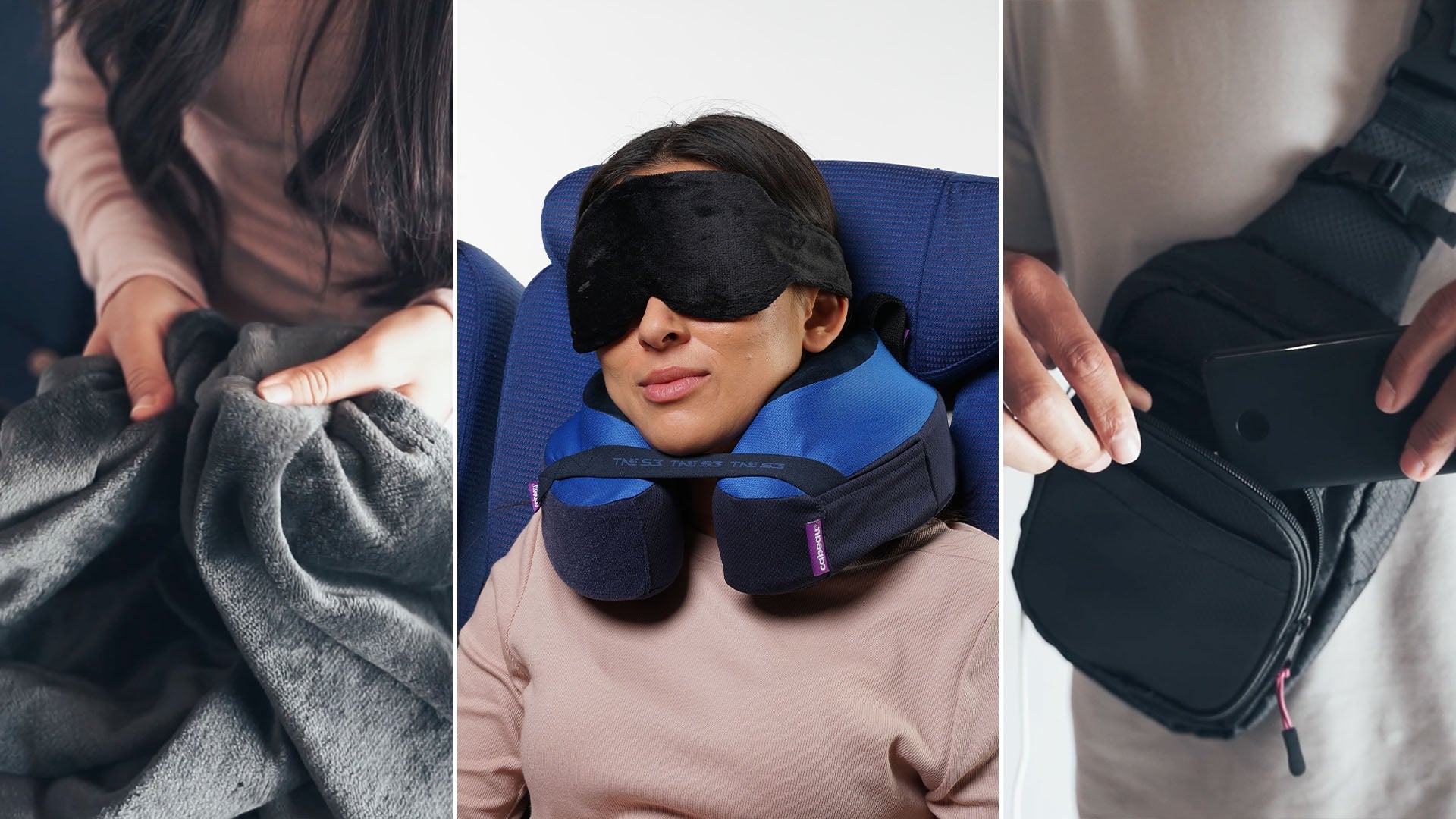 Woman unzipping our Fold 'n Go travel blanket. The blanket comes with its own travel case and is luxuriously soft.