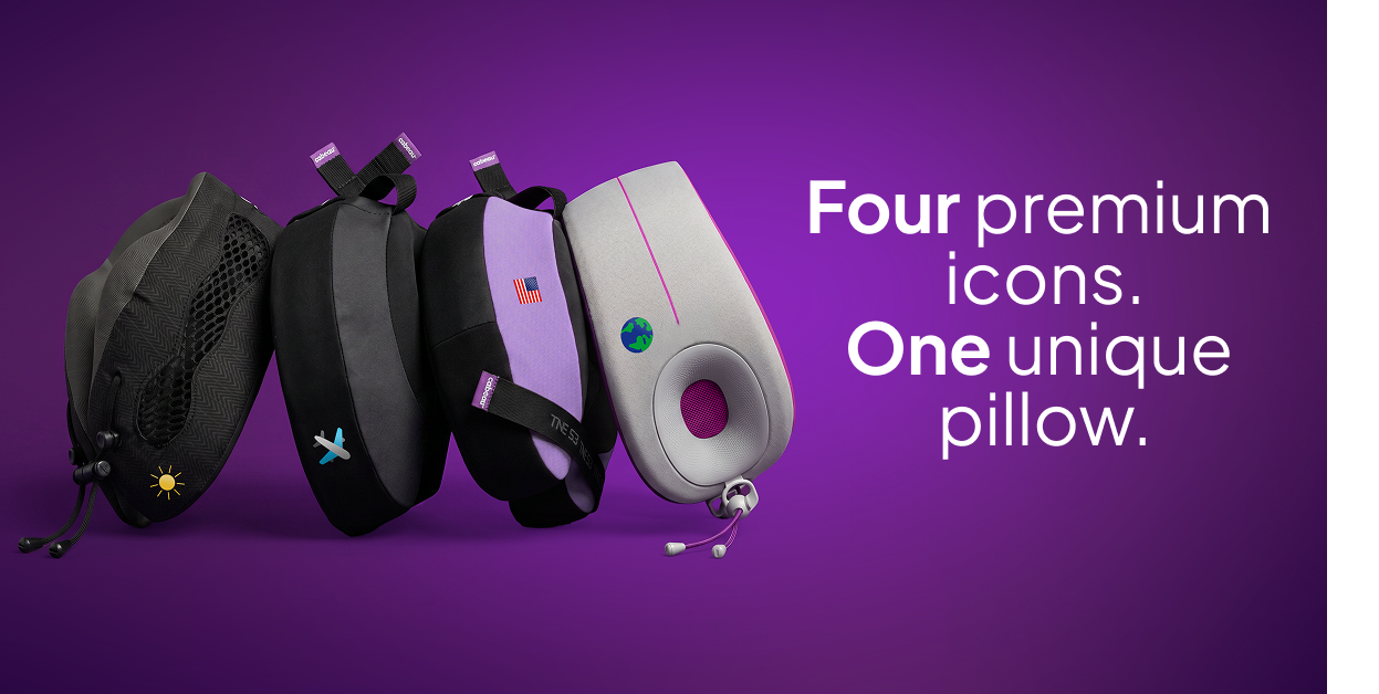 Four neck pillows in different colors (black, dark gray, lavender, and white) arranged in a row on a solid purple background, with white text on the right reading 'Four premium icons. One unique pillow.