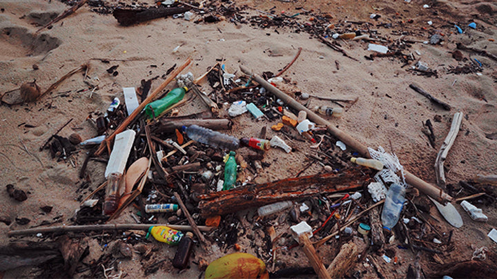 Plastic waste and debris on a sandy beach
