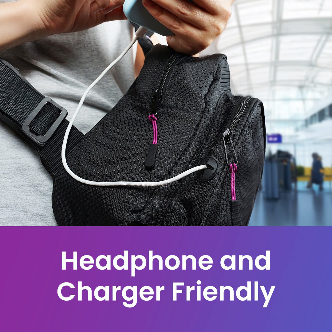 On - The - Go Sling Pack - Headphone and charger friendly with cord opening in front pocket