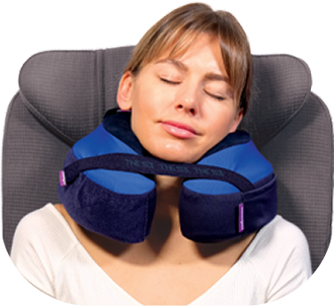 Woman using a TNE S3 neck pillow Sydney (blue) on an airplane seat