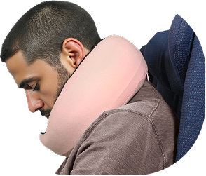 Man uncomfortable in a competitor travel pillow
