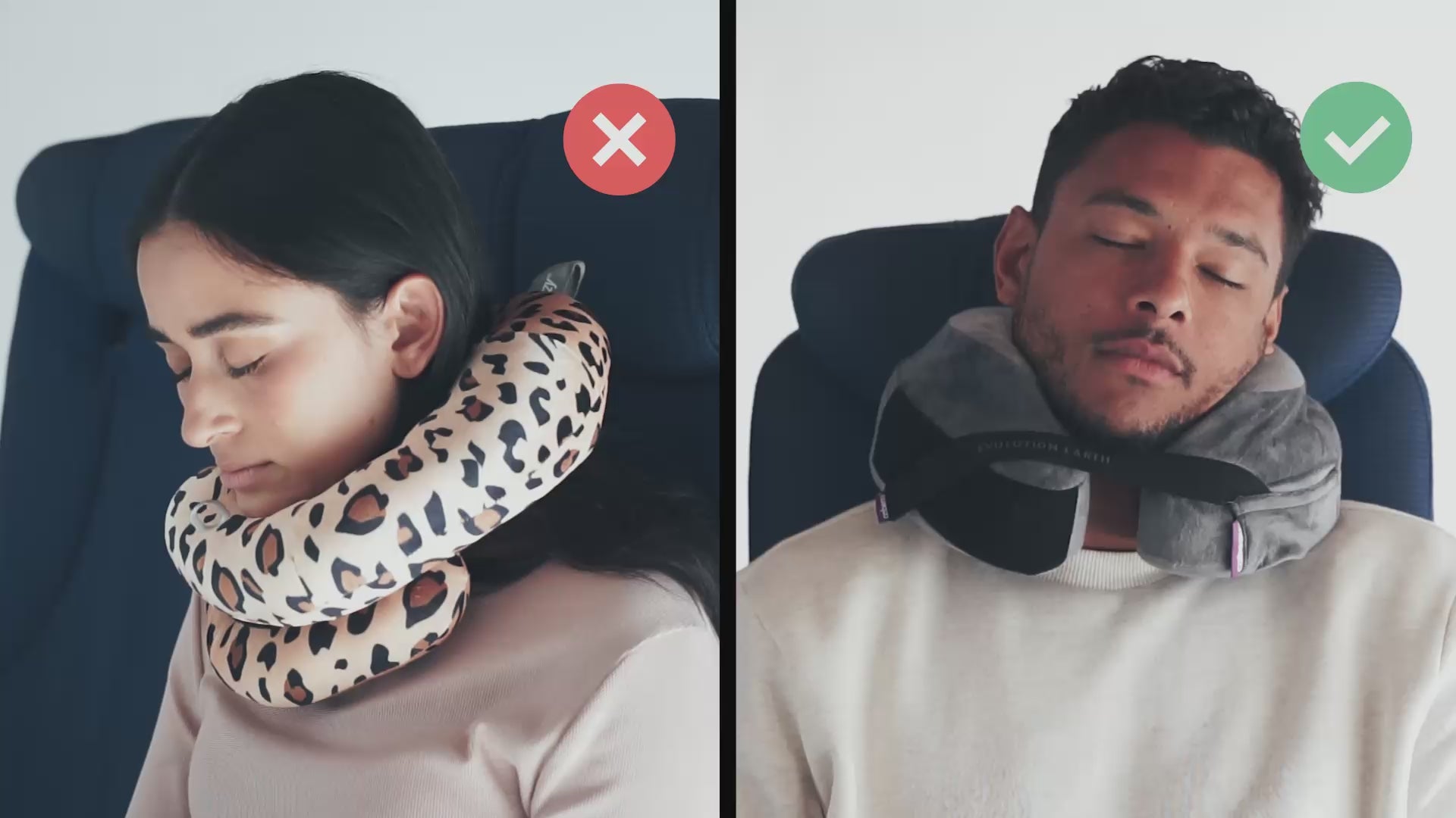 Load video: Cabeau's sustainable Evolution Earth Deluxe pillow showing a passenger comfortably in an airplane seat,  in contrast to competitor pillows with lack of support