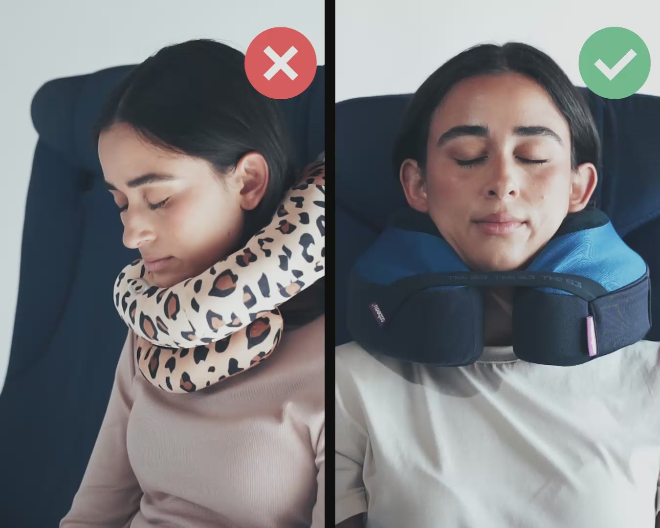 Load video: Cabeau's TNE S3 pillow showing a passenger comfortably in an airplane seat,  in contrast to competitor pillows with lack of support