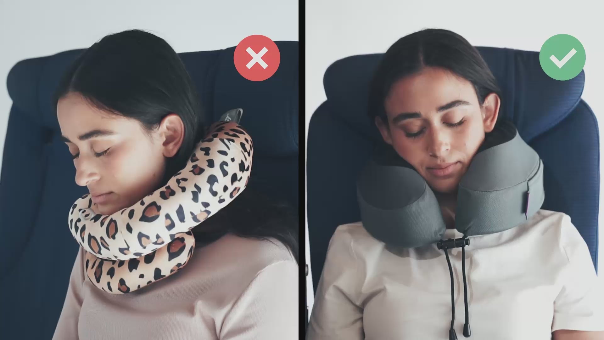 Load video: Cabeau's Evolution S3 neck pillow showing a passenger comfortably in an airplane seat,  in contrast to competitor pillows with lack of support
