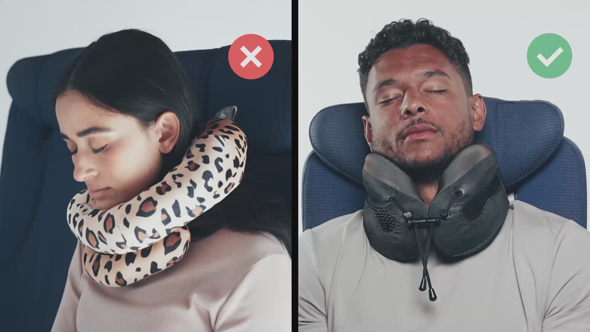 Load video: Cabeau's Evolution Cool neck pillow showing a passenger comfortably in an airplane seat,  in contrast to competitor pillows with lack of support