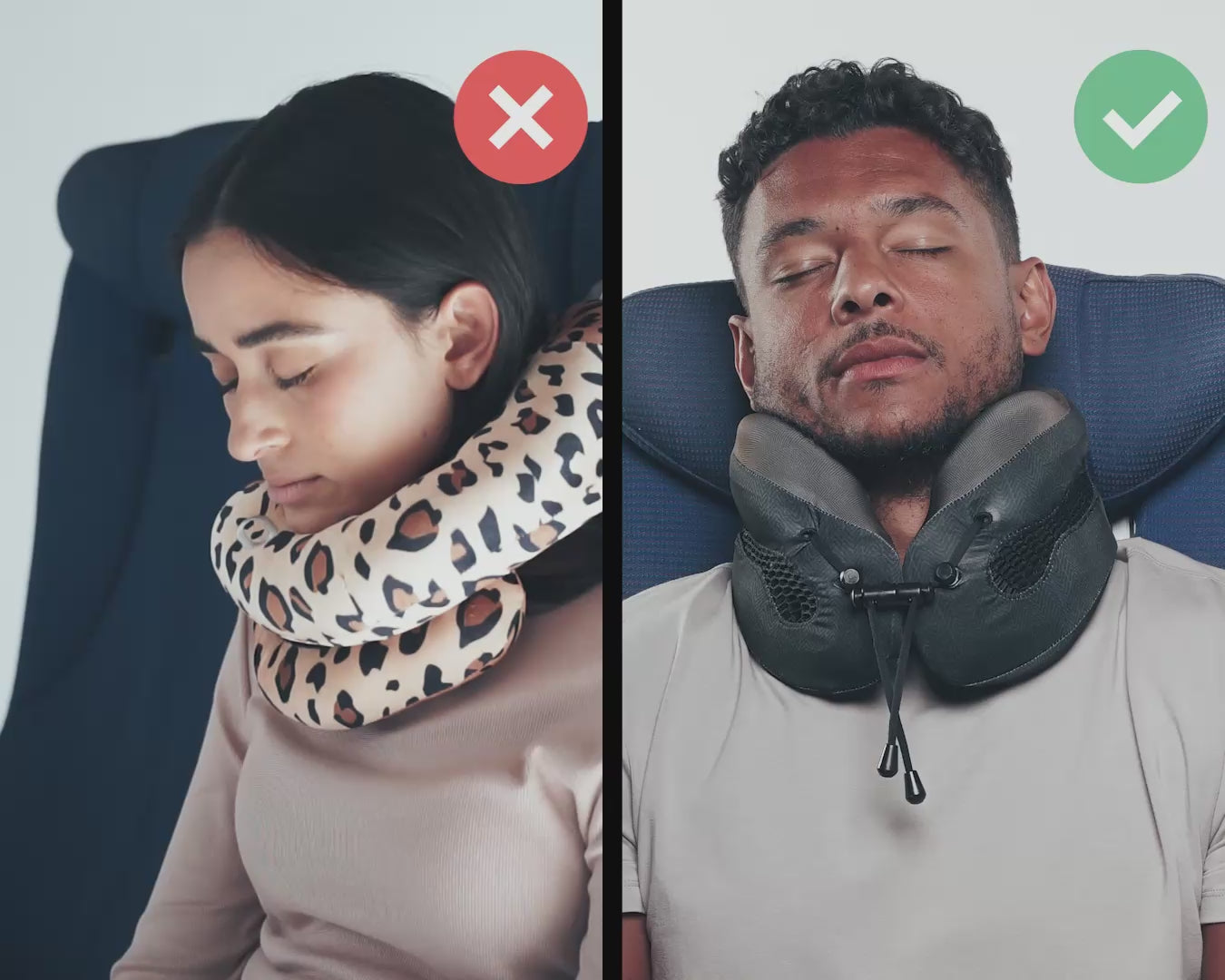 Load video: Cabeau's Evolution Cool neck pillow showing a passenger comfortably in an airplane seat,  in contrast to competitor pillows with lack of support