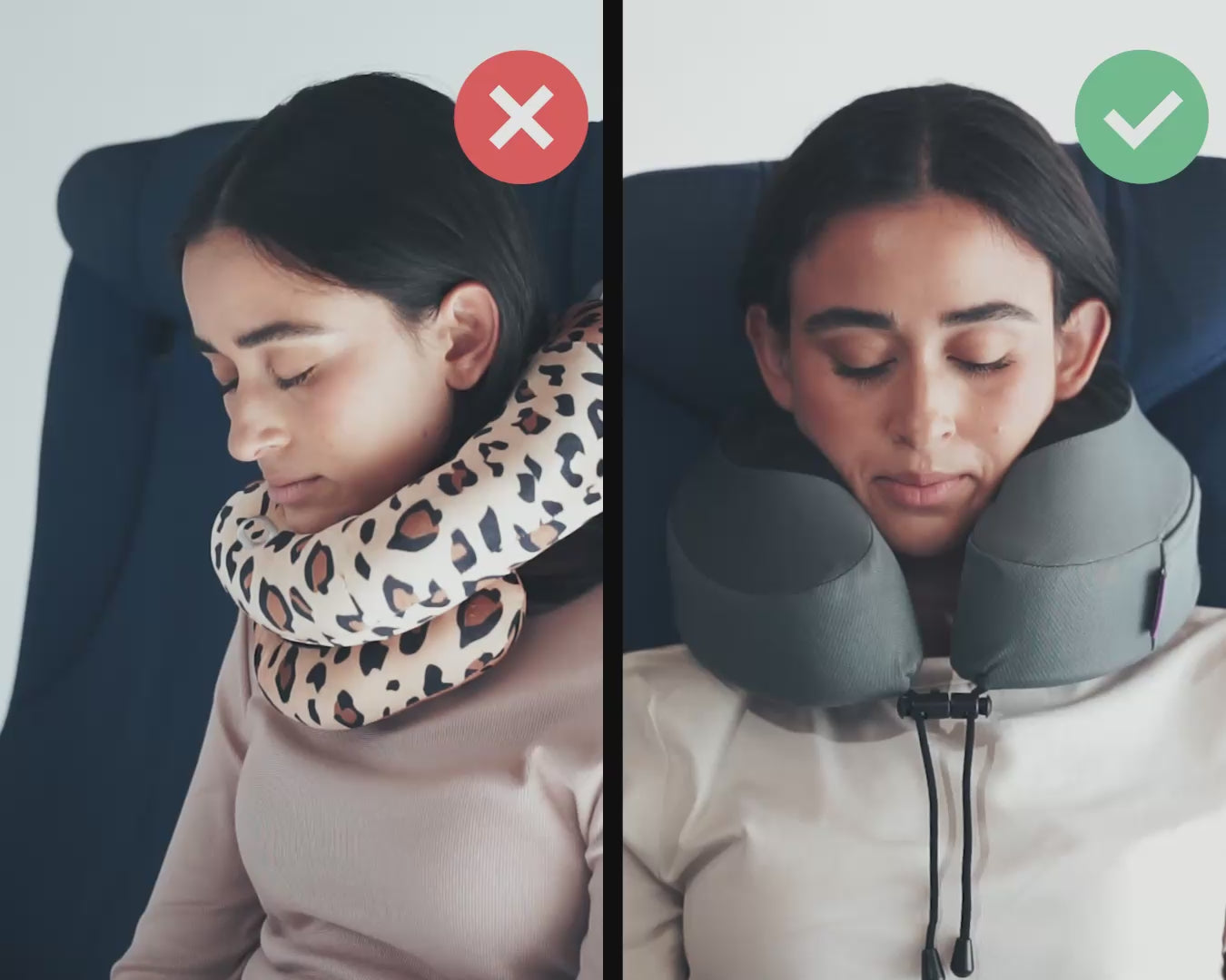 Load video: Cabeau's Evolution S3 neck pillow showing a passenger comfortably in an airplane seat,  in contrast to competitor pillows with lack of support