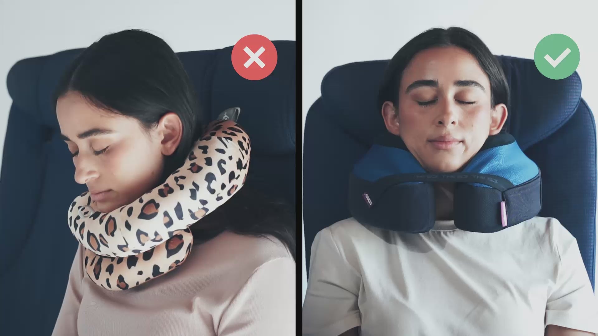 Load video: Cabeau's TNE S3 pillow showing a passenger comfortably in an airplane seat,  in contrast to competitor pillows with lack of support